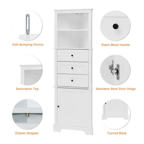 White Triangular Tall Cabinet With 3 Drawers And Adjustable Shelves For Bathroom, Kitchen Or Living Room