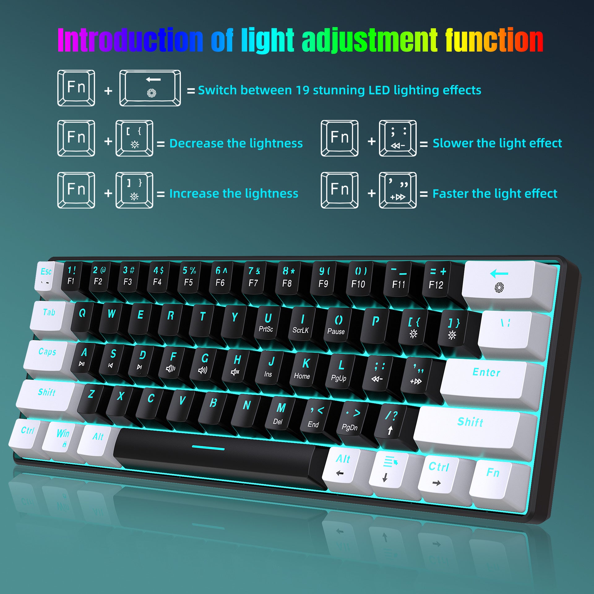 Mechanical keyboard 61 key short style small keyboard for office typing, black and white dual splicing ice blue backlit blue axis gaming keyboard