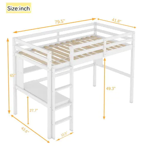 Twin Size Loft Bed With Desk And Shelves, Safety Guardrail And Ladder,White