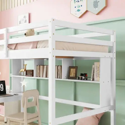 Twin Size Loft Bed With Desk And Shelves, Safety Guardrail And Ladder,White