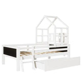 Twin Size House Bed With Ladder And Storage Drawers For Kid Bedroom,Solid Wood Platfrom Bedframe With 2 Blackboard Design, No Box Spring Needed, White