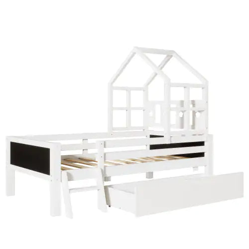 Twin Size House Bed With Ladder And Storage Drawers For Kid Bedroom,Solid Wood Platfrom Bedframe With 2 Blackboard Design, No Box Spring Needed, White