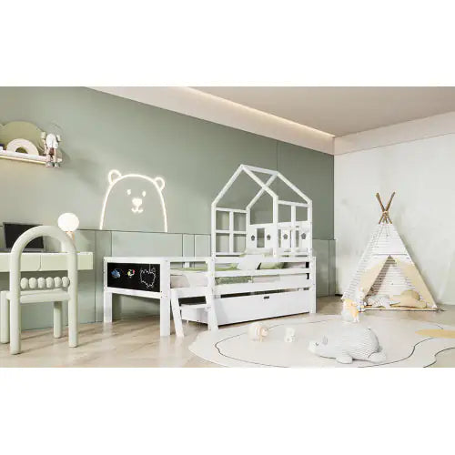 Twin Size House Bed With Ladder And Storage Drawers For Kid Bedroom,Solid Wood Platfrom Bedframe With 2 Blackboard Design, No Box Spring Needed, White