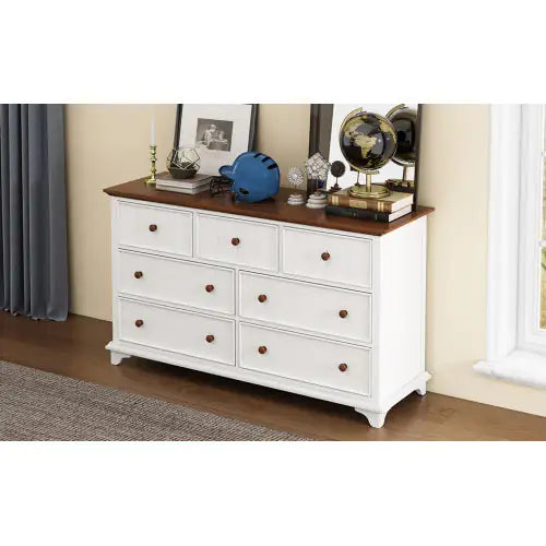 Wooden Captain Seven-Drawer Dresser For Bedroom, Living Room, Kids' Room, White Walnut