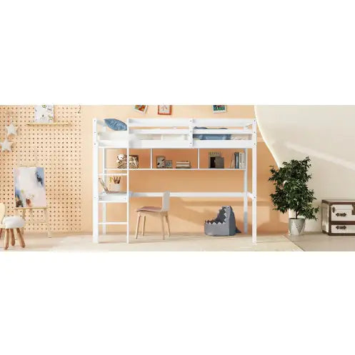 Twin Size Loft Bed With Desk And Shelves, Safety Guardrail And Ladder,White
