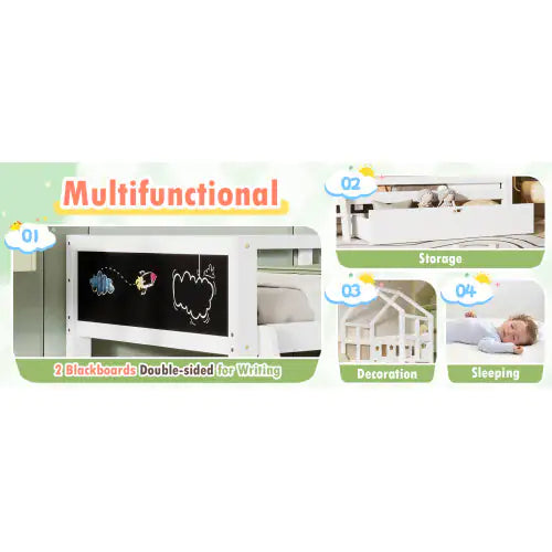 Twin Size House Bed With Ladder And Storage Drawers For Kid Bedroom,Solid Wood Platfrom Bedframe With 2 Blackboard Design, No Box Spring Needed, White