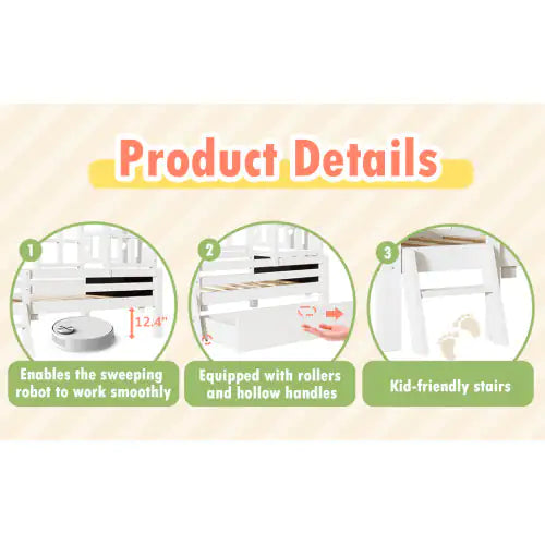 Twin Size House Bed With Ladder And Storage Drawers For Kid Bedroom,Solid Wood Platfrom Bedframe With 2 Blackboard Design, No Box Spring Needed, White