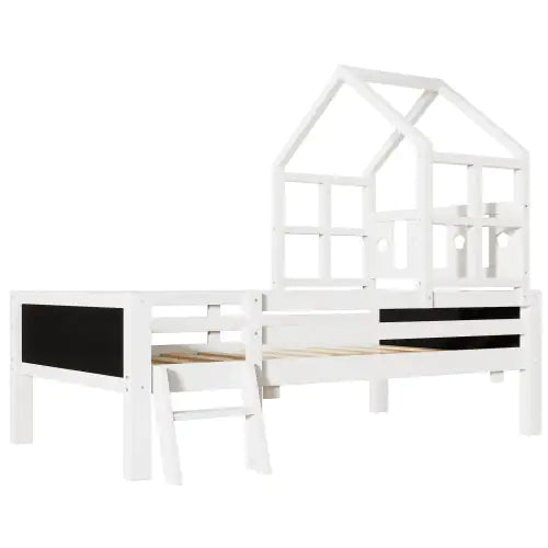 Twin Size House Bed With Ladder And Storage Drawers For Kid Bedroom,Solid Wood Platfrom Bedframe With 2 Blackboard Design, No Box Spring Needed, White