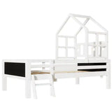 Twin Size House Bed With Ladder And Storage Drawers For Kid Bedroom,Solid Wood Platfrom Bedframe With 2 Blackboard Design, No Box Spring Needed, White