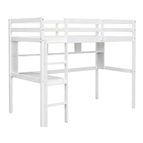 Twin Size Loft Bed With Desk And Shelves, Safety Guardrail And Ladder,White