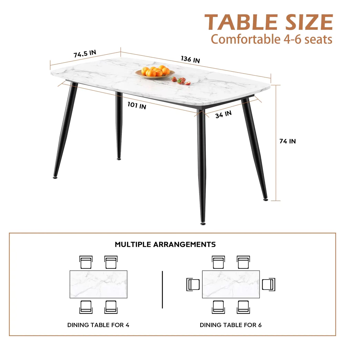 VFF Modern Kitchen Dining Table With MDF Tabletop And Sturdy Metal Frame