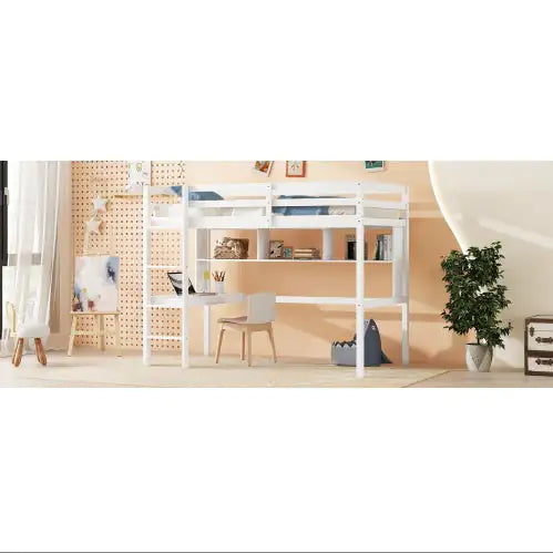 Twin Size Loft Bed With Desk And Shelves, Safety Guardrail And Ladder,White