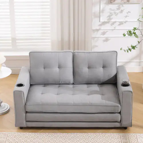 VIDEO Provided 3-in-1 Upholstered Futon Sofa Convertible Sofa Bed,Foldable Tufted Loveseat With Pull Out Sleeper Couch Bed