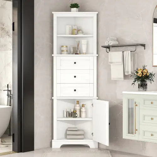 White Triangular Tall Cabinet With 3 Drawers And Adjustable Shelves For Bathroom, Kitchen Or Living Room