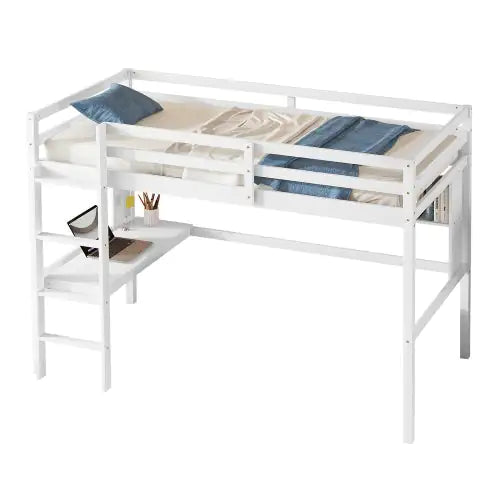 Twin Size Loft Bed With Desk And Shelves, Safety Guardrail And Ladder,White