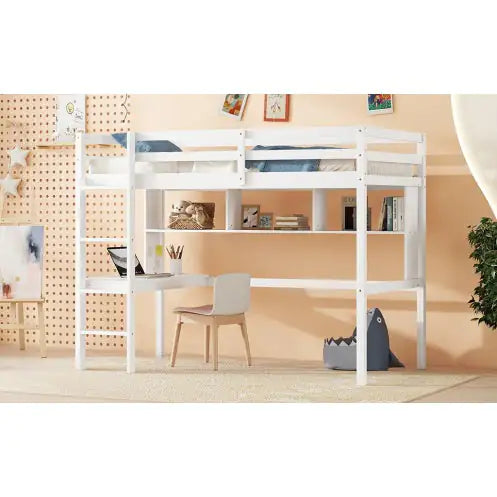 Twin Size Loft Bed With Desk And Shelves, Safety Guardrail And Ladder,White