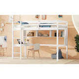 Twin Size Loft Bed With Desk And Shelves, Safety Guardrail And Ladder,White